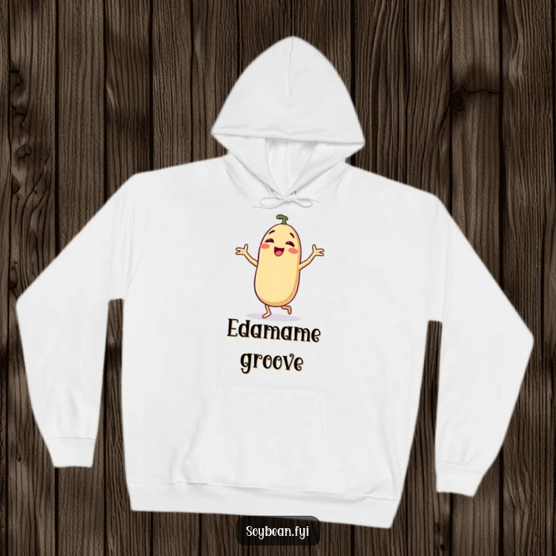Funny hoodie showcasing a delighted anthropomorphic soybean performing a hilarious, silly dance, perfect for cozy, humorous moments.