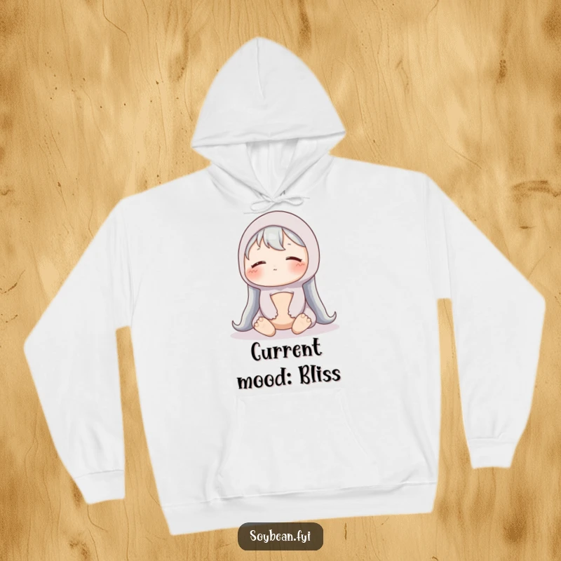Funny Soybean Hoodie: A content soybean sitting peacefully on a cozy hoodie, radiating calm and comfort.