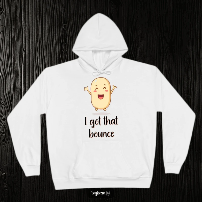 Funny hoodie depicting a gleeful soybean character in a dynamic, joyful jumping pose, radiating pure bliss.