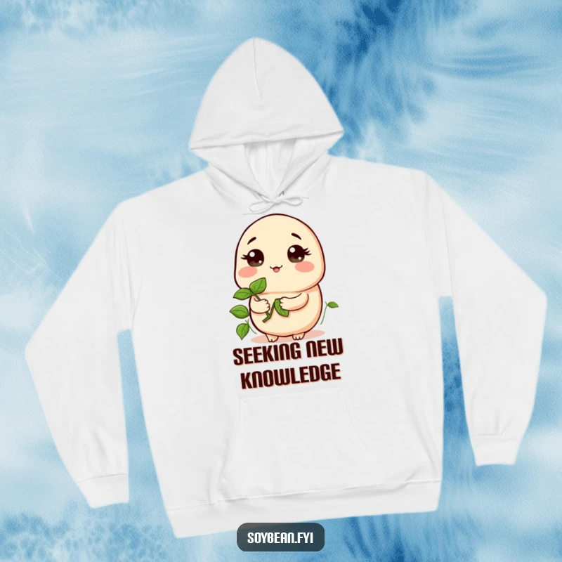 Funny hoodie with a kawaii soybean holding a sprout, looking curious, combining warmth with thoughtful and humorous vibes, ideal as a funny gift.