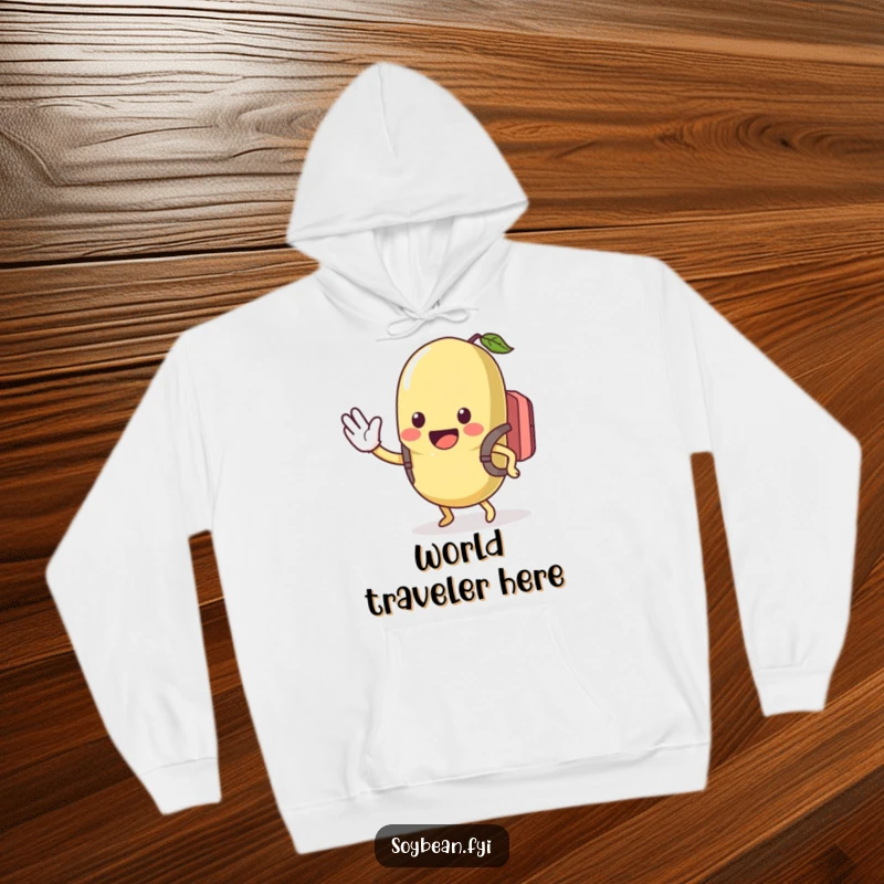 Funny hoodie with a kawaii soybean in a tiny backpack, waving excitedly, combining warmth with cheerful, humorous vibes, ideal as a funny gift.