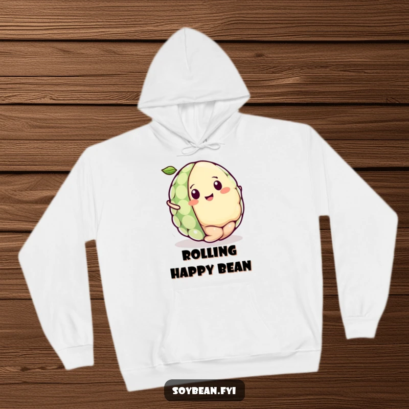 Funny Kawaii soybean character hoodie design, featuring the character rolling with delight like a tiny ball, radiating pure happiness.