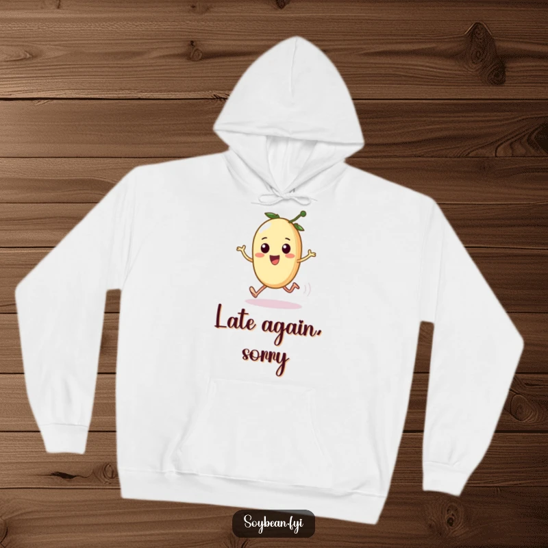 Funny hoodie showcasing a kawaii soybean with tiny legs comically sprinting, offering warmth and infectious humor, ideal as a funny gift.