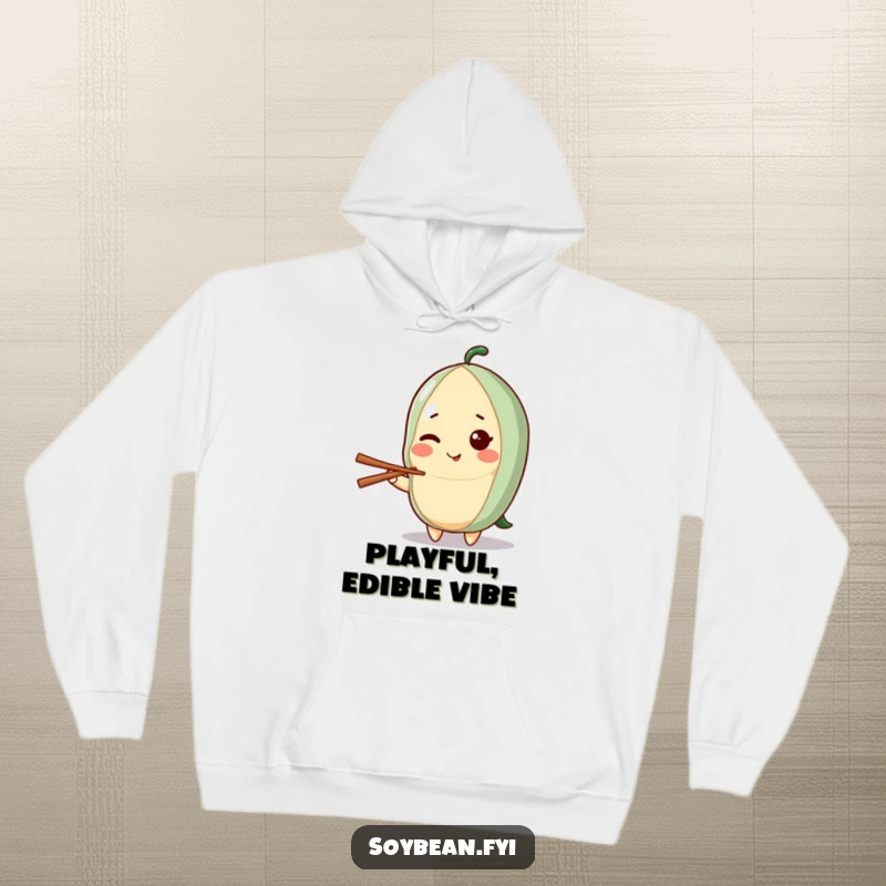 Funny hoodie with a kawaii soybean character giving a mischievous wink while holding a chopstick, radiating playful confidence and warmth.