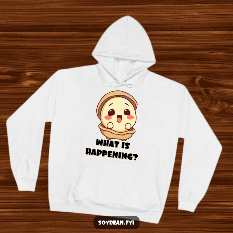 Funny hoodie depicting a surprised soybean peeking out from its shell with a curious expression.