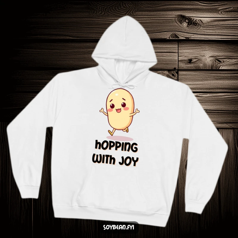 Funny Soybean Hoodie illustrating an active soybean character doing a cheerful skip, perfect for cozy, playful moments.