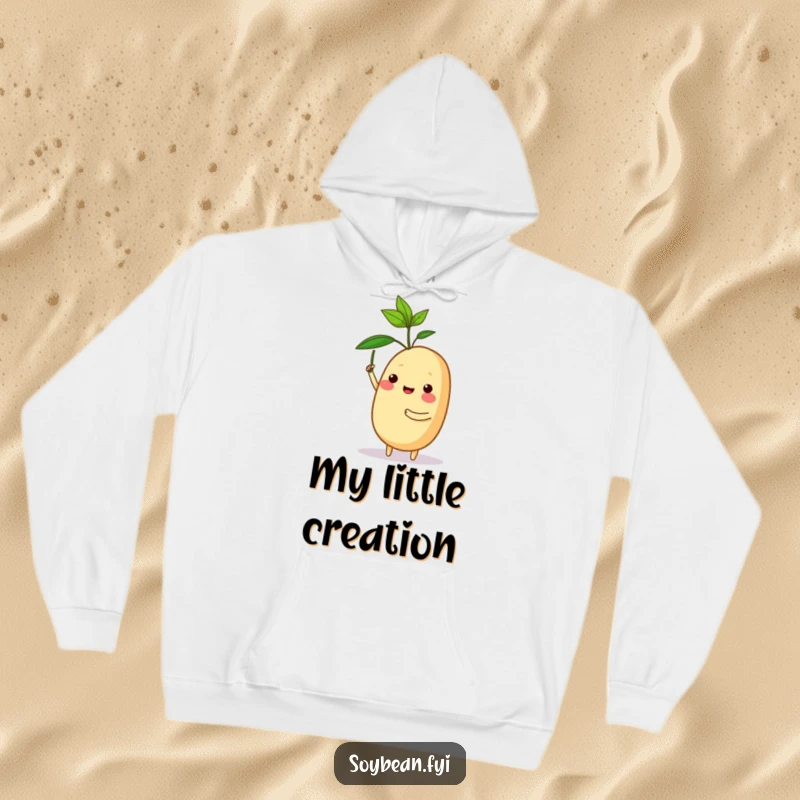 Funny hoodie showcasing a proud soybean character holding a tiny sprout, symbolizing nurture and success.