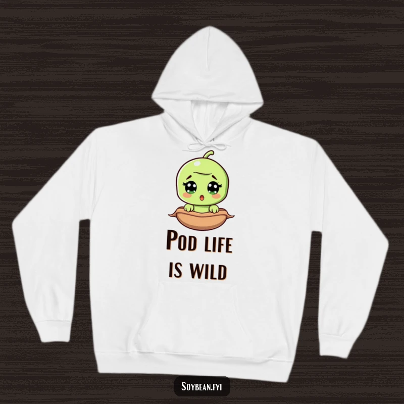 Funny surprised soybean hoodie, wide-eyed bean peeking from pod, warm and cozy, hilarious veggie-themed apparel.