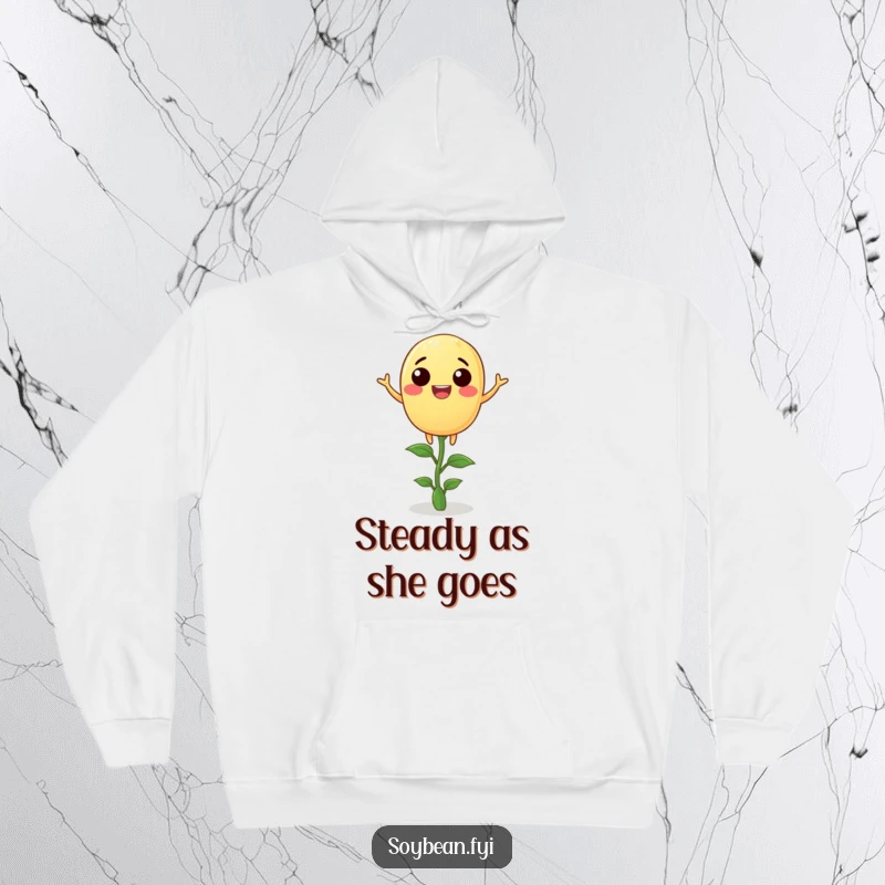 Funny soybean hoodie featuring a joyful anthropomorphic soybean balancing on a tiny sprout, perfect for cozy and humorous wear.