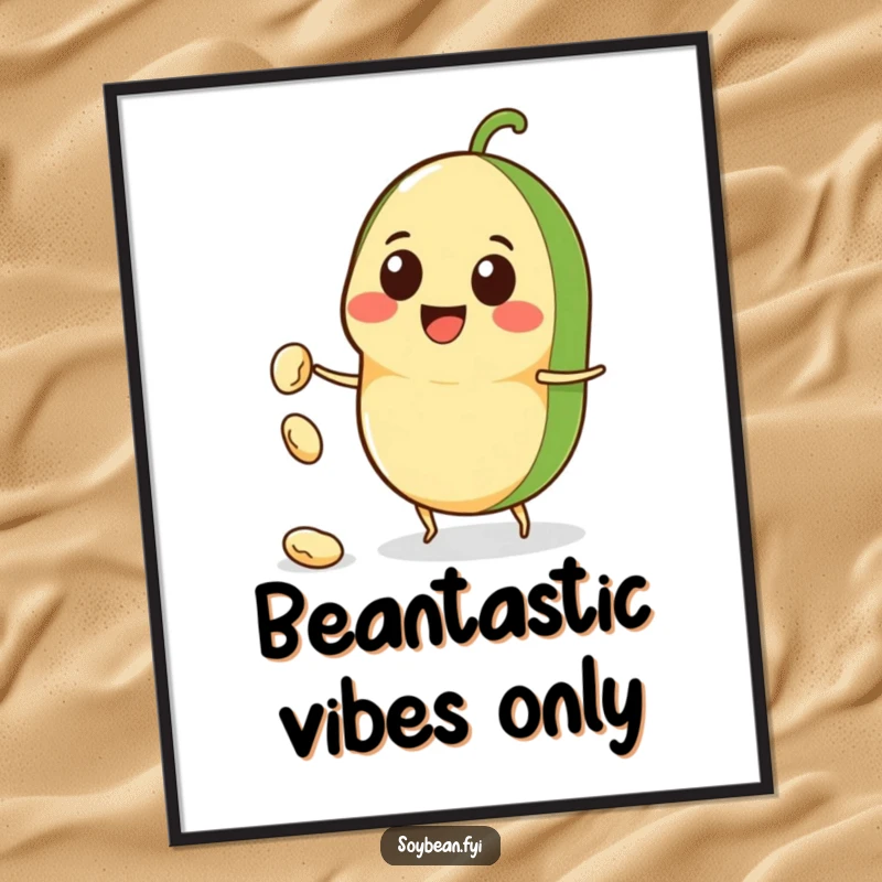 Funny Free Printable Wall Art: A cheerful Kawaii soybean character with a wide grin tosses a tiny bean, bringing joy and humor.