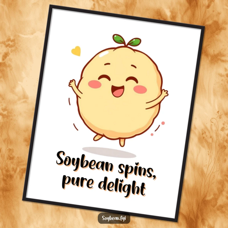 Funny Free Printable Wall Art: A joyful Kawaii soybean character captured mid-bounce and spin, full of happy energy.