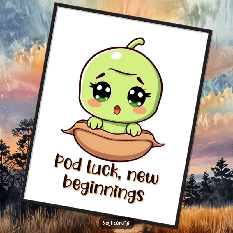 Funny Free Printable Wall Art: A wide-eyed soybean is caught by surprise peeking out from its pod, adding quirky decor.