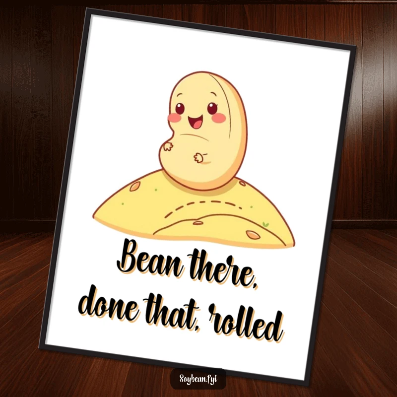 Funny Free Printable Wall Art: A cheerful soybean rolling downhill with pure happiness, a burst of fun.