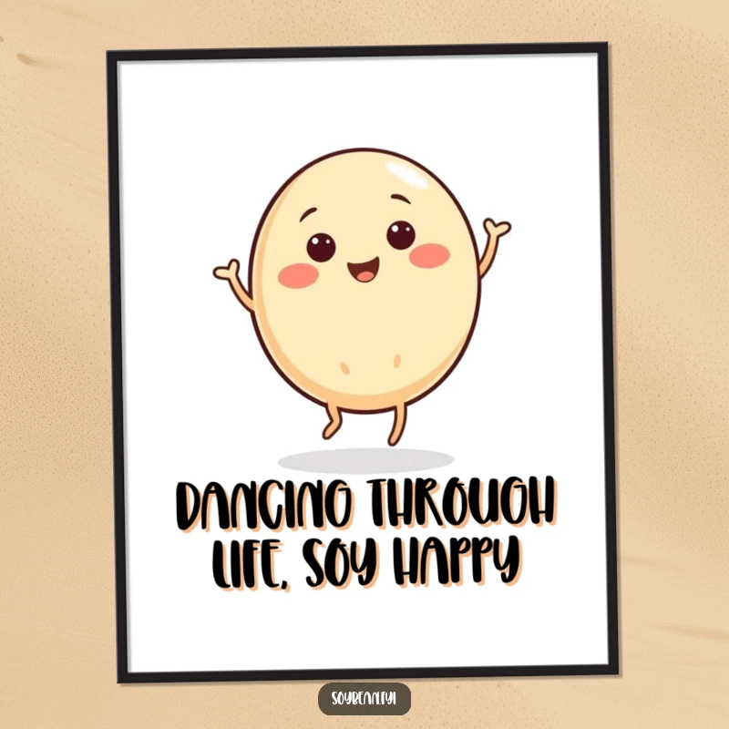 Funny Free Printable Wall Art showing a round soybean character in motion, happily engaged in a lively jig.