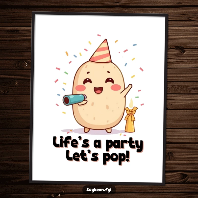 Funny Free Printable Wall Art: A vibrant soybean character joyfully setting off a tiny confetti cannon, with colorful confetti exploding outwards. Fun DIY decor.