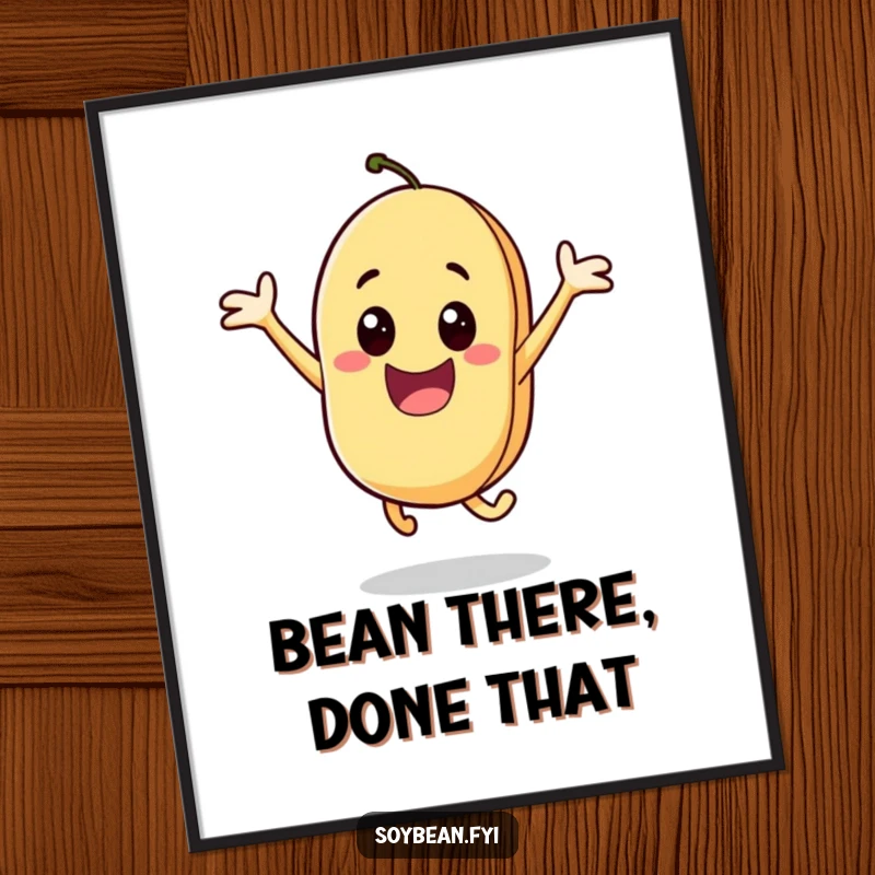 Funny Free Printable Wall Art: A cheerful soybean character captured mid-jump, radiating pure, infectious excitement.