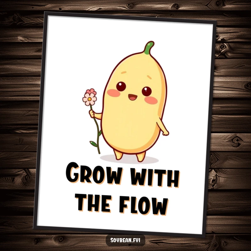 Free Printable Wall Art of a beaming soybean character offering a tiny flower, adding a sweet and gentle touch to any room.