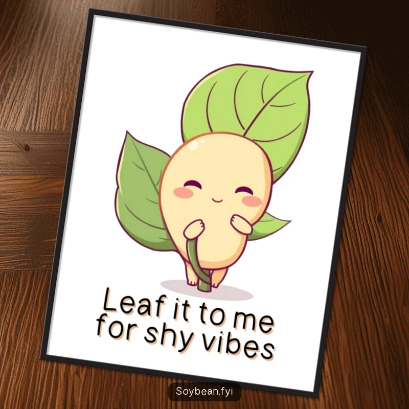 Funny Free Printable Wall Art: Adorable shy soybean peeking from behind a large green leaf, bringing a touch of whimsical charm.