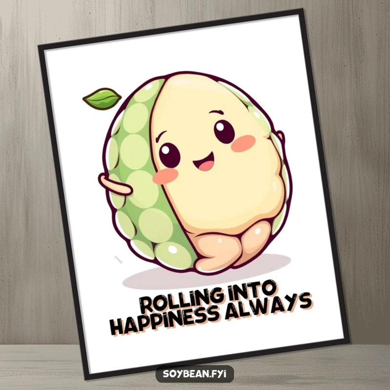Funny Free Printable Wall Art: A Kawaii soybean character joyfully rolling like a tiny ball, radiating delight.
