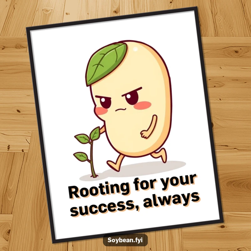 Funny Free Printable Wall Art: A determined soybean character with a focused expression, pushing a tiny green sprout forward with great effort. Motivational DIY art.