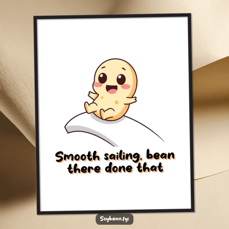 Funny Free Printable Wall Art: A kawaii soybean character playfully slides down a smooth ramp, bringing cute and whimsical vibes.