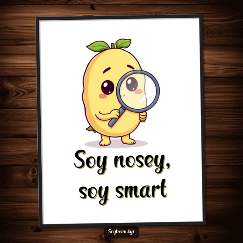 Funny Free Printable Wall Art: Curious anthropomorphic soybean holding a magnifying glass, a whimsical and inquisitive decorative piece.
