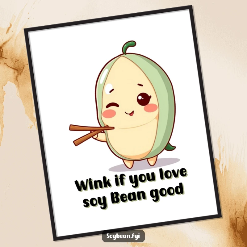 Funny Free Printable Wall Art: Kawaii soybean character giving a charming, playful wink while holding a chopstick.