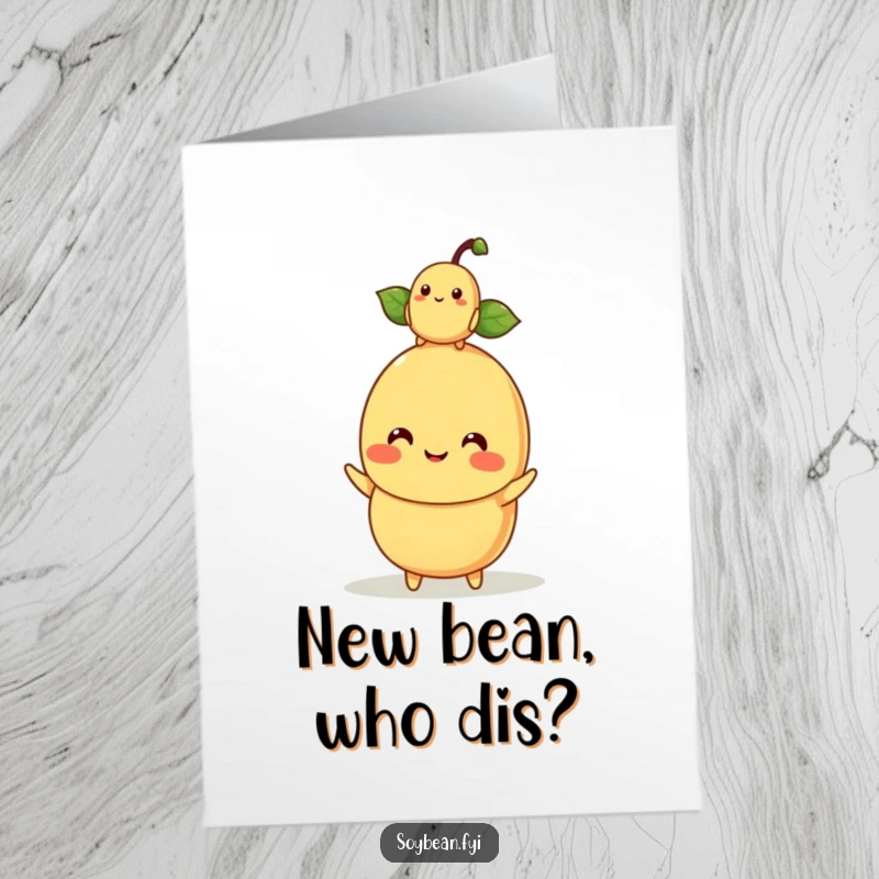 Funny Free Printable Birthday Card: Kawaii soybean mom humorously balances a baby soybean on her head, perfect for laughs.