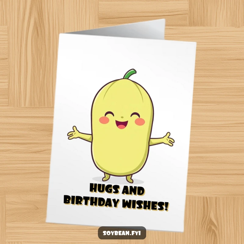Funny Free Printable Birthday Card: A smiling soybean character with open arms offering a warm, friendly hug for their birthday.