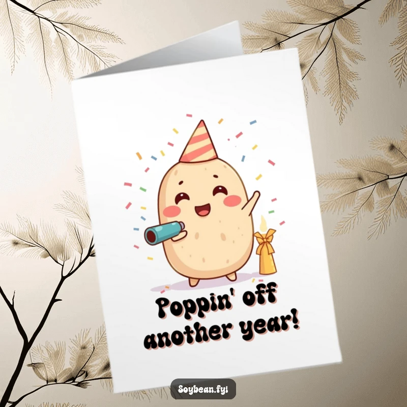 Funny Free Printable Birthday Card: A cheerful soybean character firing a tiny confetti cannon, showering colorful streamers and dots. A fun DIY birthday card.