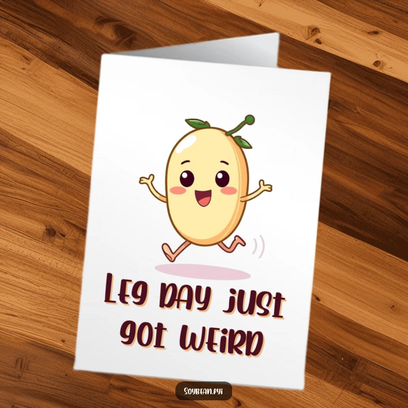 Funny Free Printable Birthday Card: A kawaii soybean pod with tiny legs hilariously sprinting with determination and a comical expression.