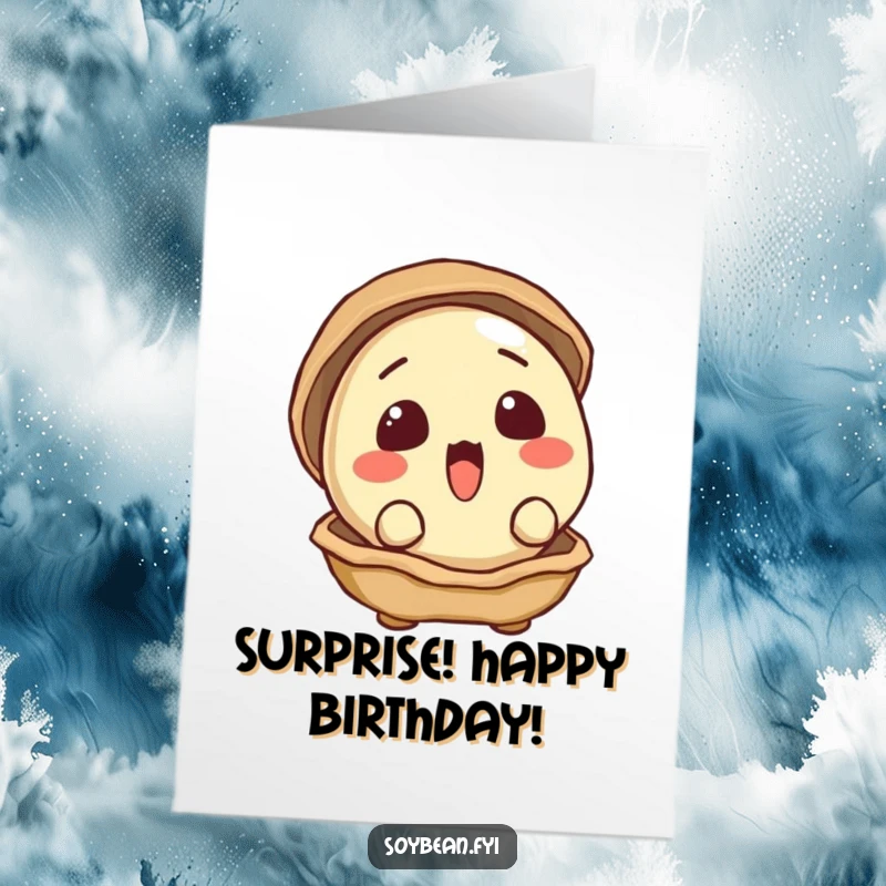 Funny Free Printable Birthday Card: A surprised soybean with its shell slightly open peeks out with wide, curious eyes.