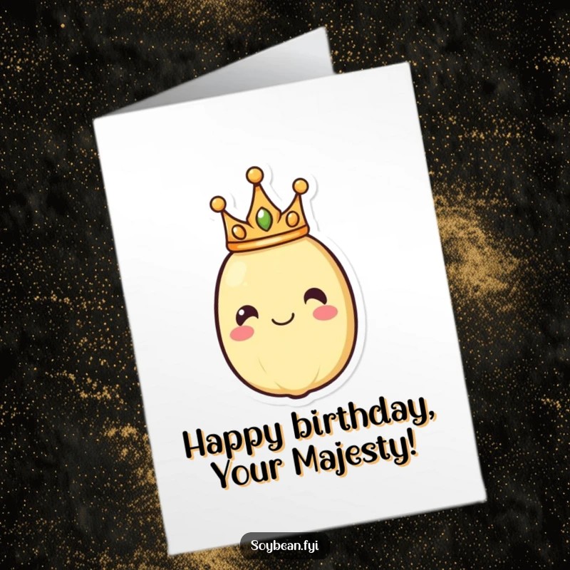 Funny Free Printable Birthday Card: A smiling soybean wearing a tiny golden crown, looking regally pleased.