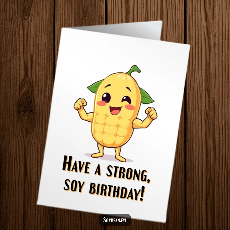 Funny Free Printable Birthday Card: A cheerful anthropomorphic soybean proudly flexing its well-defined muscles, radiating strength.