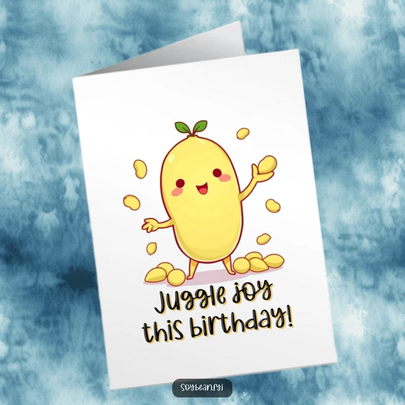 Funny Free Printable Birthday Card: Kawaii soybean character skillfully juggling tiny edamame pods with a smile.
