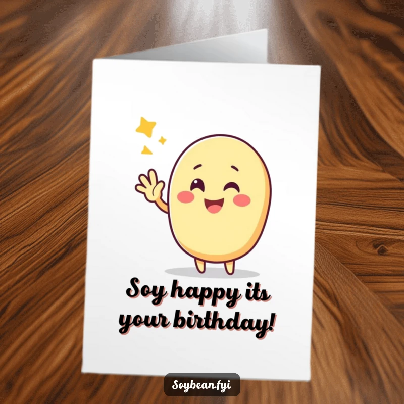 Funny Free Printable Birthday Card: Cheerful Kawaii soybean character giving a big triumphant wave.