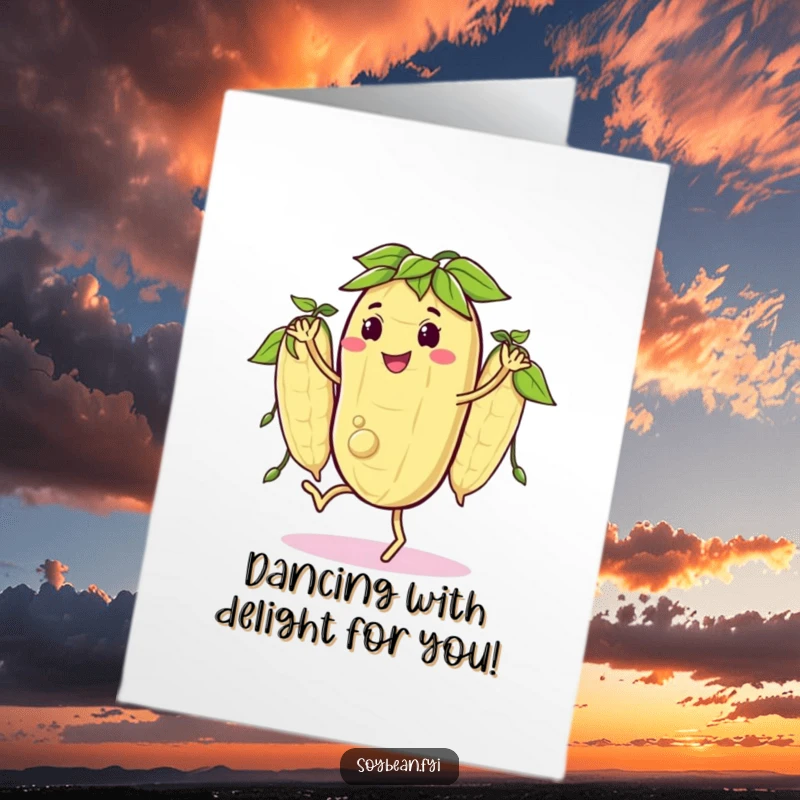 Funny Free Printable Congratulations Card: A happy soybean character dancing a jig, celebrating a successful achievement.
