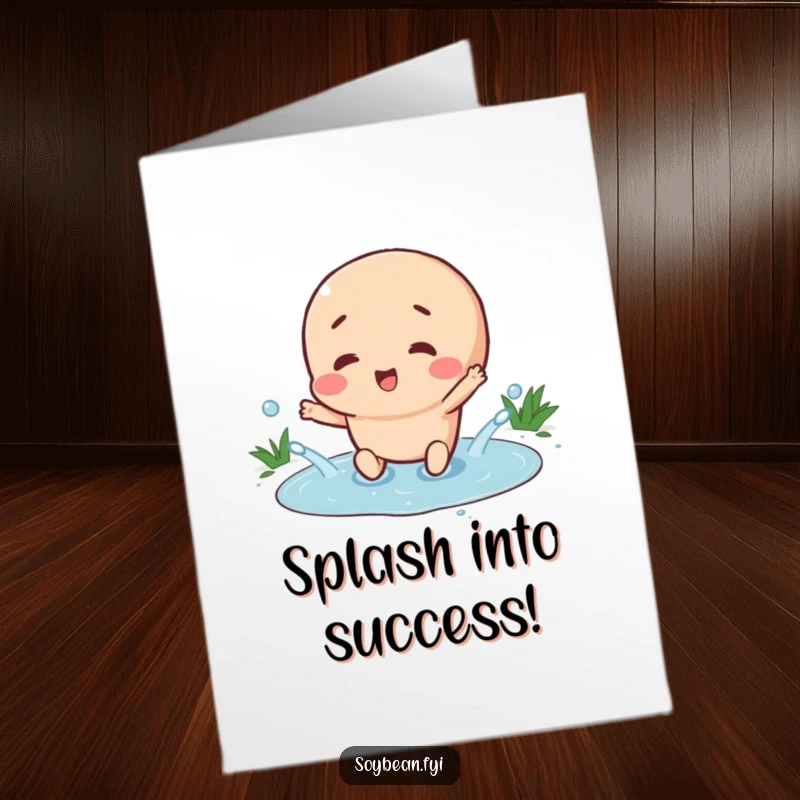 Funny Free Printable Congratulations Card: Happy soybean character joyfully splashes in a tiny puddle. A celebratory, downloadable design.