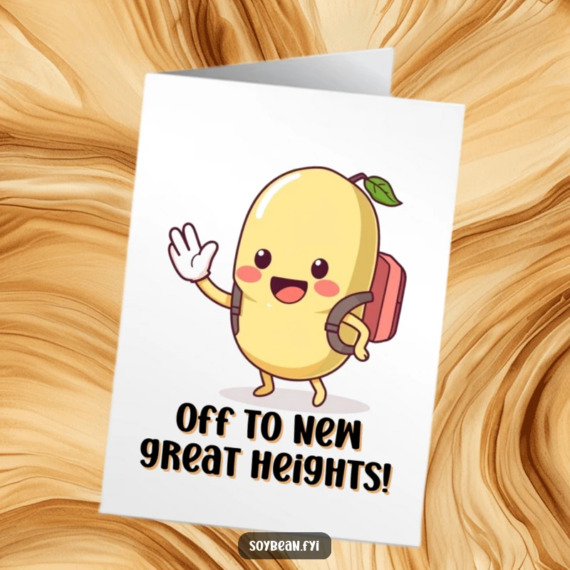 Funny Free Printable Congratulations Card: A kawaii soybean character wearing a backpack, waving excitedly to express joy and cheer.