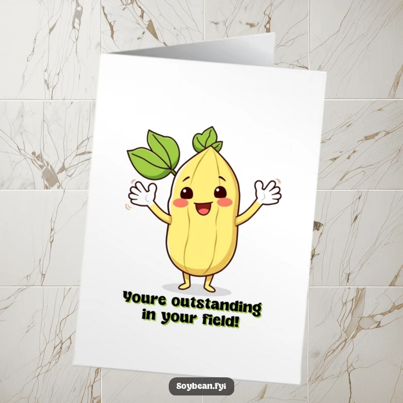 Funny Free Printable Congrats Card: A happy kawaii soybean character waves its leafy arms enthusiastically, celebrating a big win.
