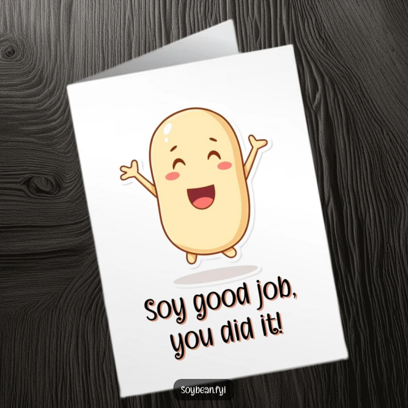 Funny Free Printable Congratulations card featuring a delighted soybean character leaping energetically to celebrate good news.