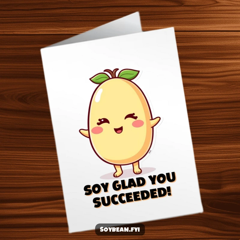 Funny Free Printable Congratulations Card showing a happy soybean character giving a knowing wink for their big success.