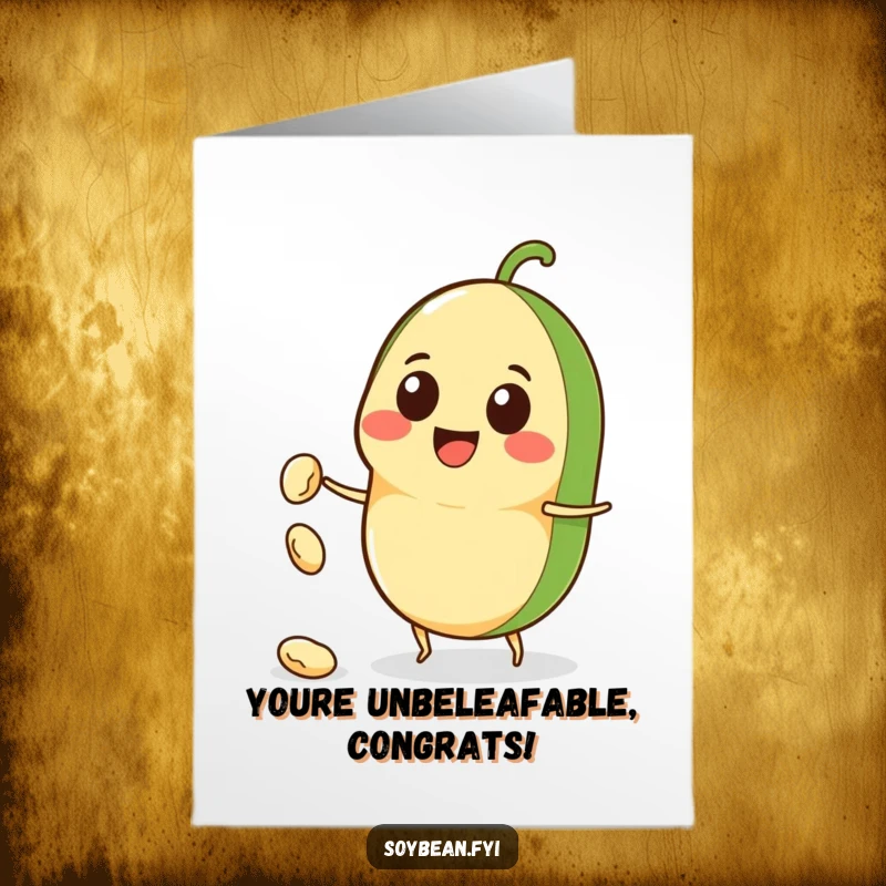 Funny Free Printable Congratulations Card: A beaming Kawaii soybean character celebrates by launching a tiny bean, full of excitement.