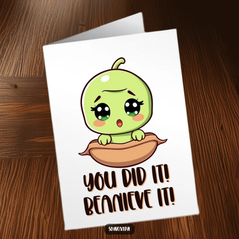Funny Free Printable Congratulations Card: A startled soybean with huge eyes peeks out from its pod, celebrating your awesome news.