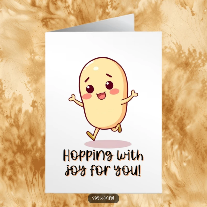 Funny Free Printable Congratulations Card: A playful soybean character skips with glee, celebrating success in a fun, bouncy way.