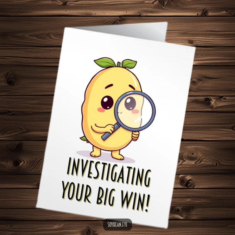 Funny Free Printable Congratulations Card: Curious anthropomorphic soybean holding a magnifying glass, exploring and celebrating achievements.