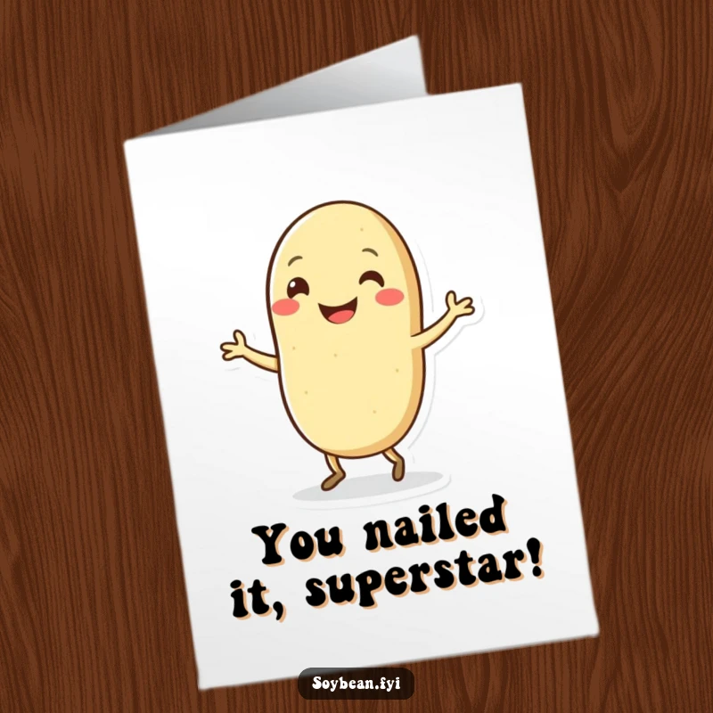 Funny Free Printable Kawaii soybean doing a happy dance on a congratulations card, celebrating success.