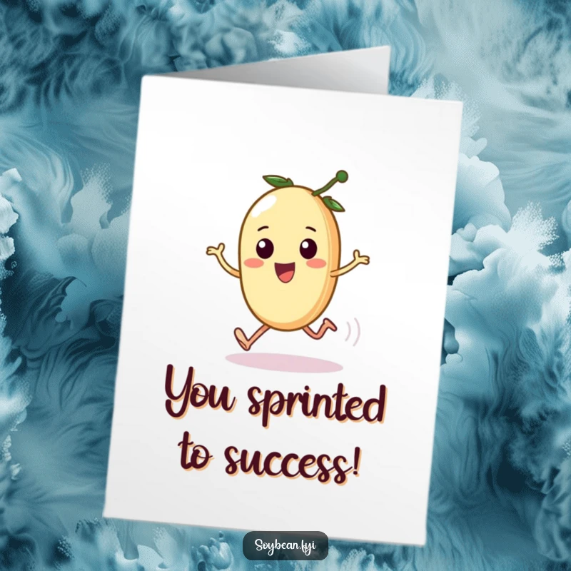Funny Free Printable Congratulations Card: A determined kawaii soybean pod with legs comically sprinting to celebrate achievements with speed.