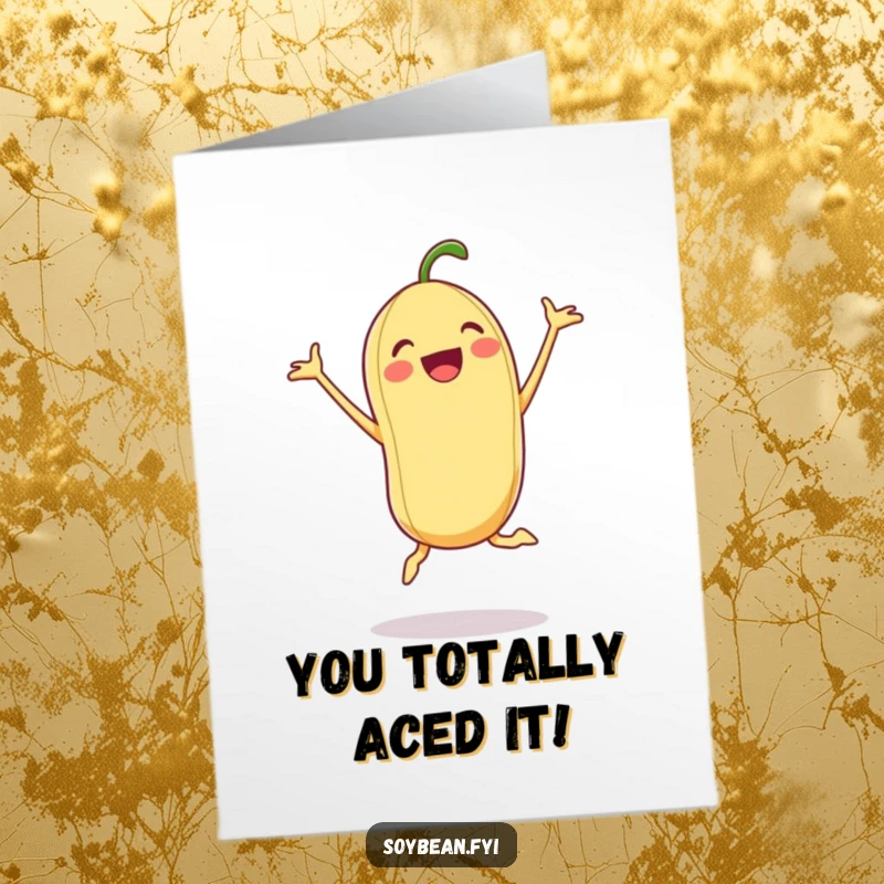 Funny Free Printable Congratulations Card: An excited soybean performing a jumping jack, celebrating success with boundless energy.