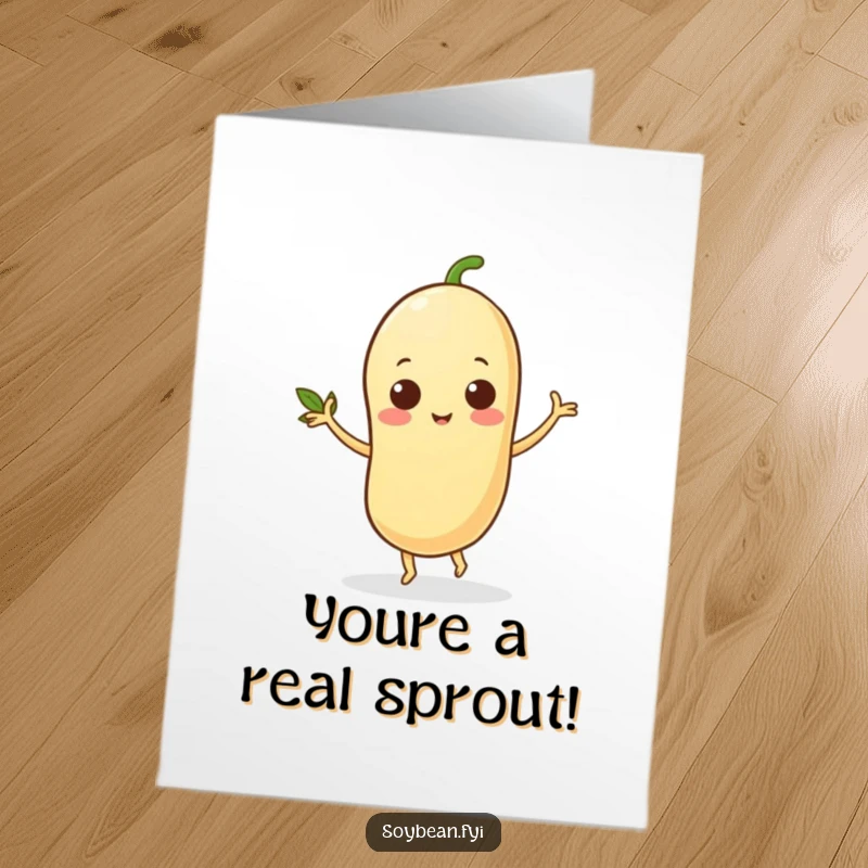Funny Free Printable Congrats Card: A happy soybean character joyfully dancing, arms swaying with celebratory rhythm.